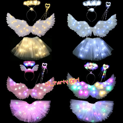 Women Girls Angel Feather LED Wings Halo Light Up Angel Wings Fairy Wands Glow Tutu Skirt Carnival Halloween Cosplay Costume