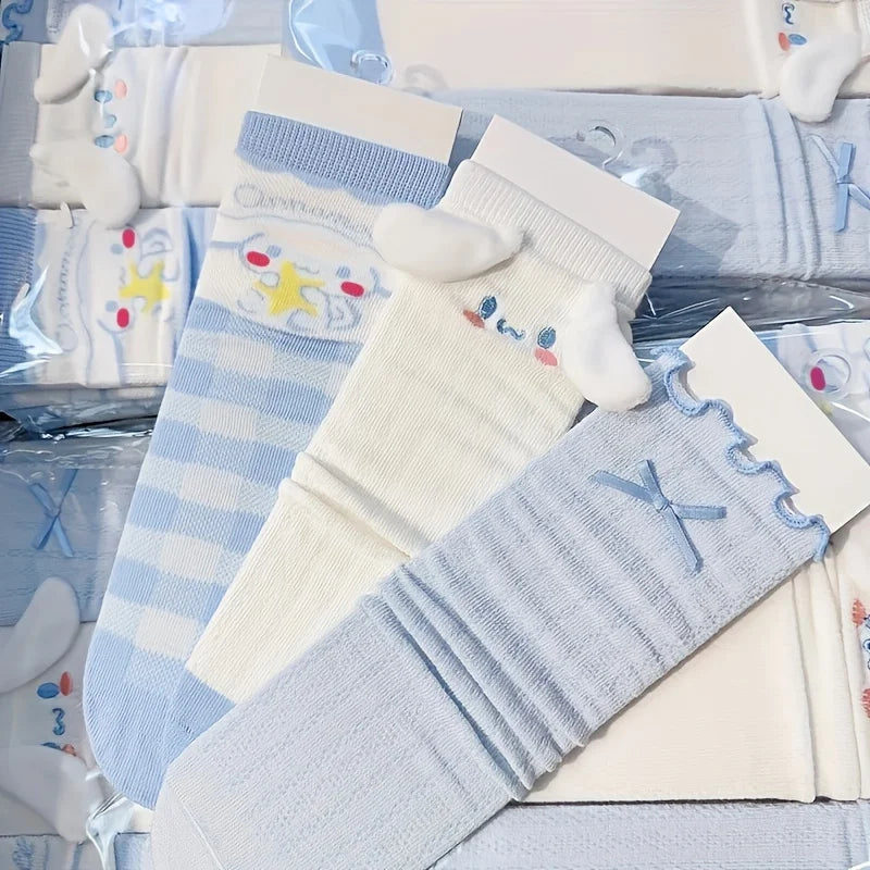 3 Pairs Kawaii Sanrio Girls Cartoon Cinnamoroll Crew Socks, Cute & Sweet Bow Frilled Mid Tube Socks, Women's Stockings & Hosiery