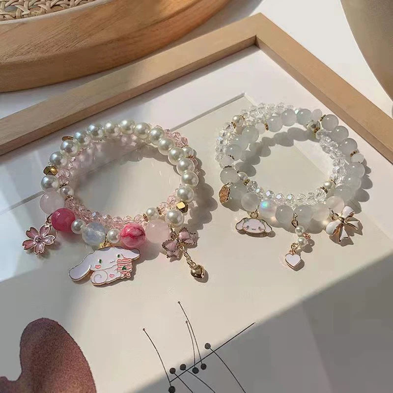 1Pc Anime Sanrio Bracelet Cinnamoroll Bow Crystal Beads Bracelet Kawaii Cinnamorol Kuromi Pendant Accessories Jewelry Gift