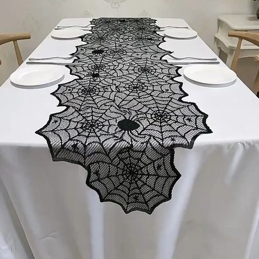 2025 Halloween Decoration Lace Spider Web Skeleton Skull Tablecloth Black Fireplace Mantel Scarf Event Party Supplies