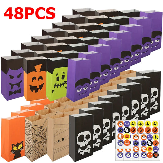 8-48pcs Halloween Theme Candy Gift Bag With Cartoon Storage Stickers Party Small Gift Storage Bag Party Kraft Goodie Bag