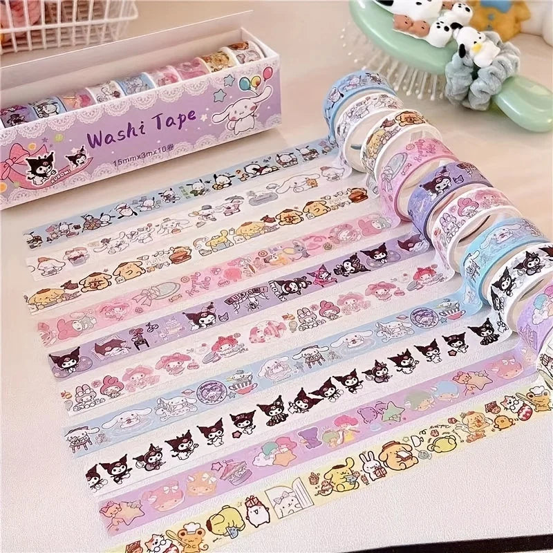 10 Pcs Sanrio Washi Tape Set  Adorable Kuromi, My Melody & Cinnamoroll Designs Cartoon Stickers for Journaling and Crafting