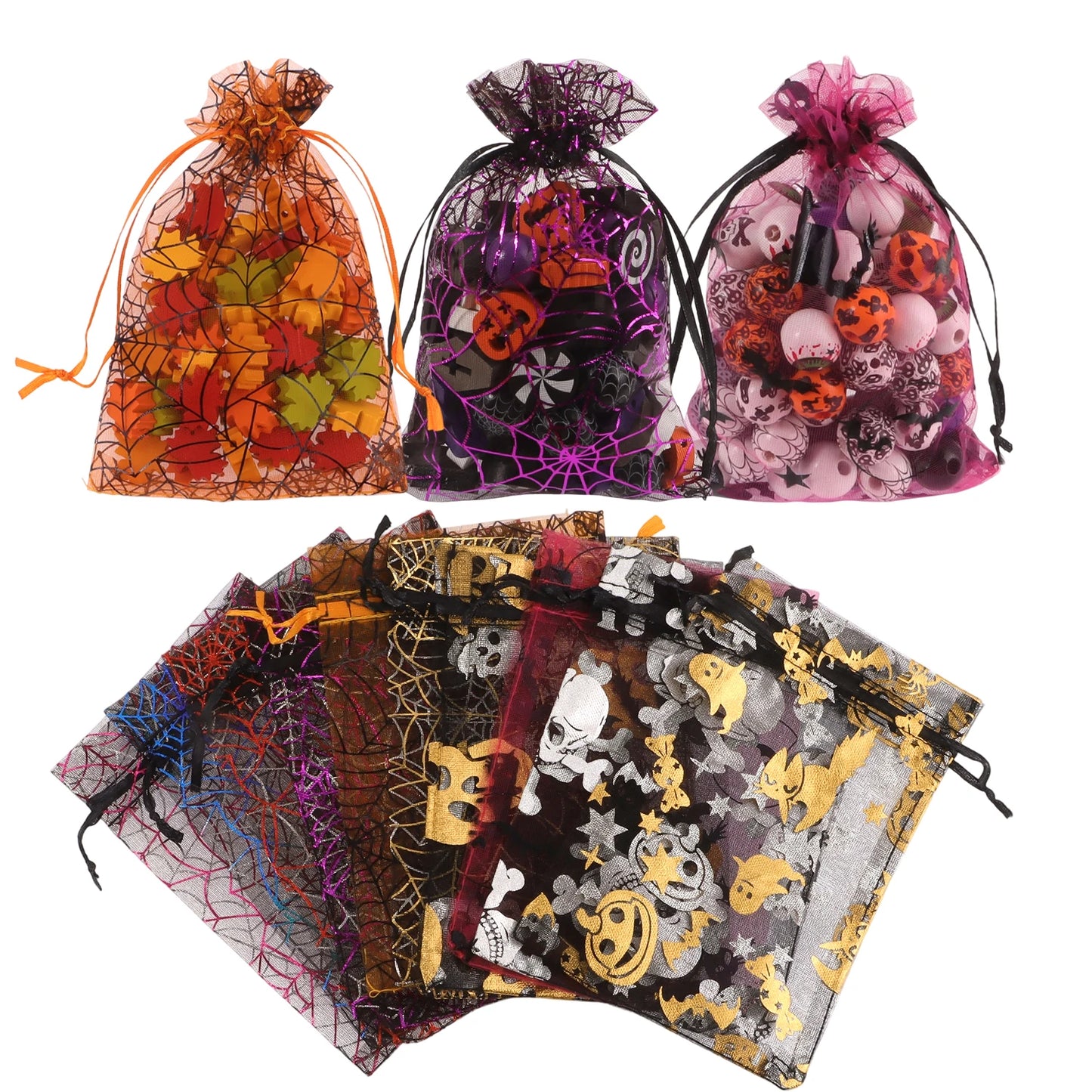 50/100pcs Colorful Halloween Organza Gift Bags Skull Spider Web Printing Packaging Gift High Quality Drawstring Candy Bag