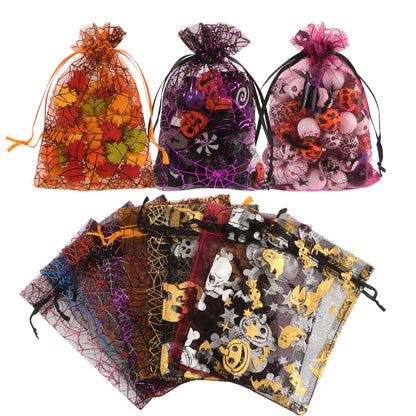50/100pcs Colorful Halloween Organza Gift Bags Skull Spider Web Printing Packaging Gift High Quality Drawstring Candy Bag