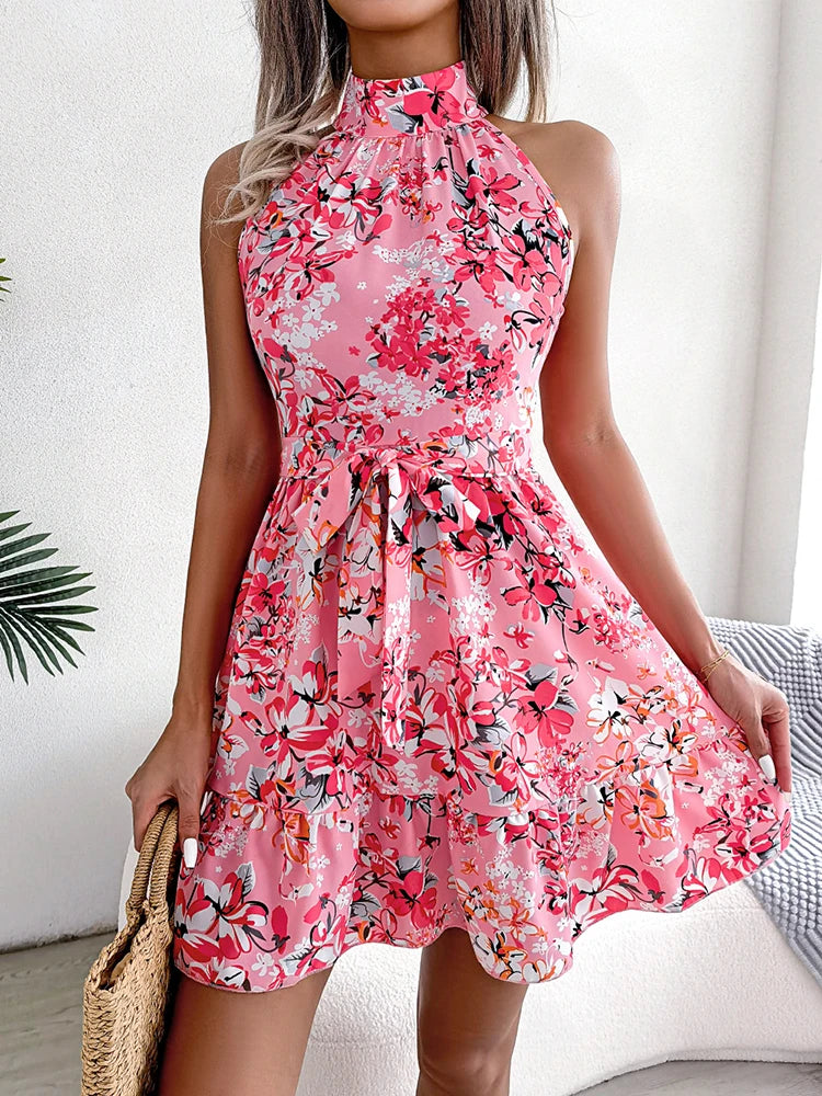 Summer Women Floral Printed Halter Sexy Short Dress, Woman Clothing,Dress Women,Women's Casual Beach Dresses,Sexy Costume Women
