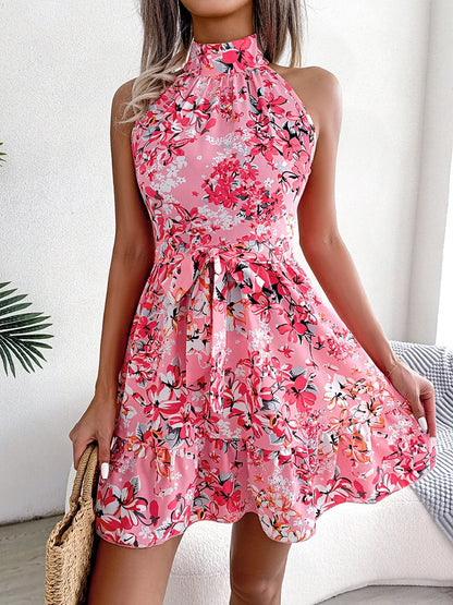 Summer Women Floral Printed Halter Sexy Short Dress, Woman Clothing,Dress Women,Women's Casual Beach Dresses,Sexy Costume Women