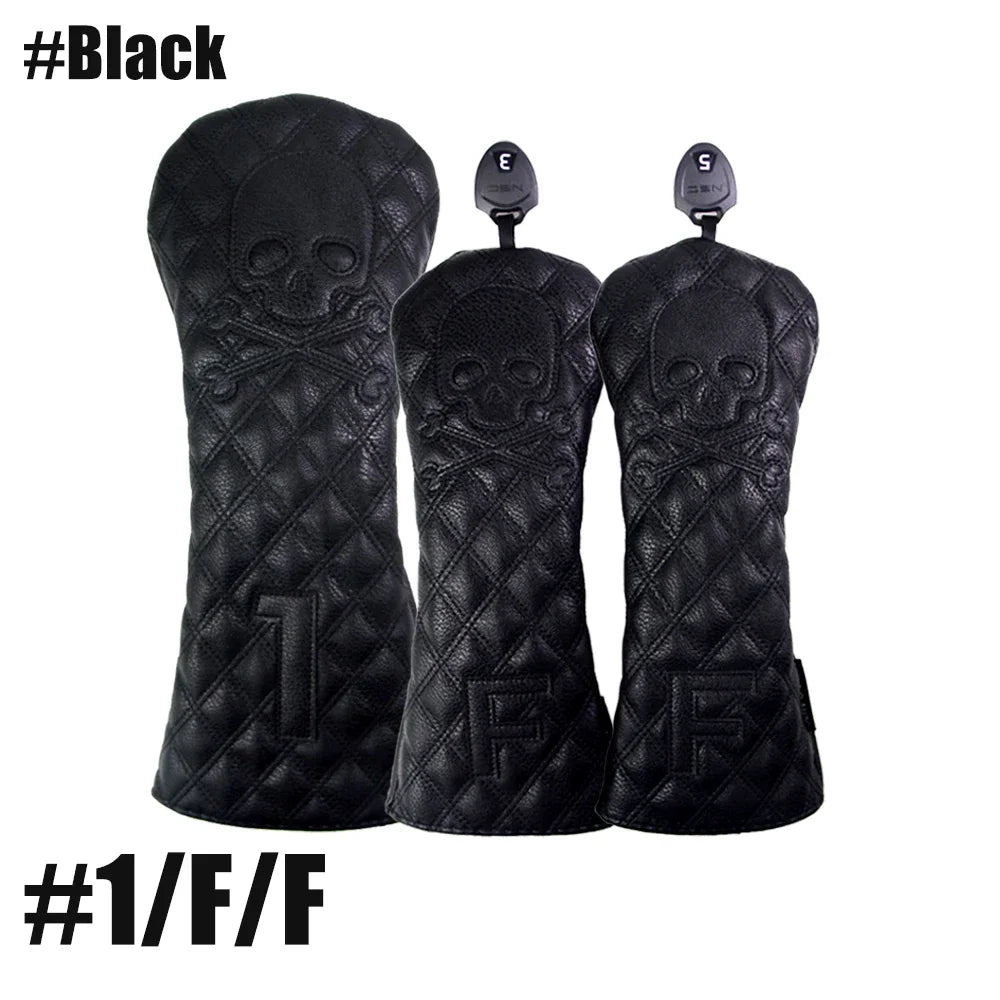 GLOOF Golf Skull Skeleton Head Cover Golf Club Black Leather Cover Set Fits Driver Fairway Wood Hybrid Golf Supplies