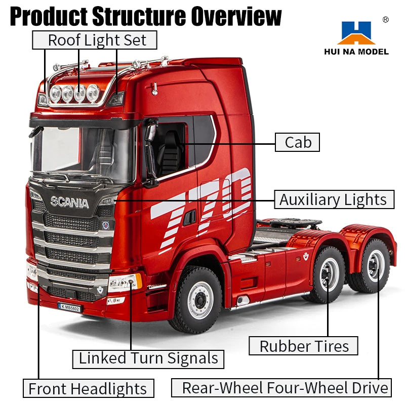 Huina Scania 770s 1:18 Scale RC Tractor Alloy Model Full Proportional Throttle 4WD 19 Channel Remote Control Car Toy for Kids