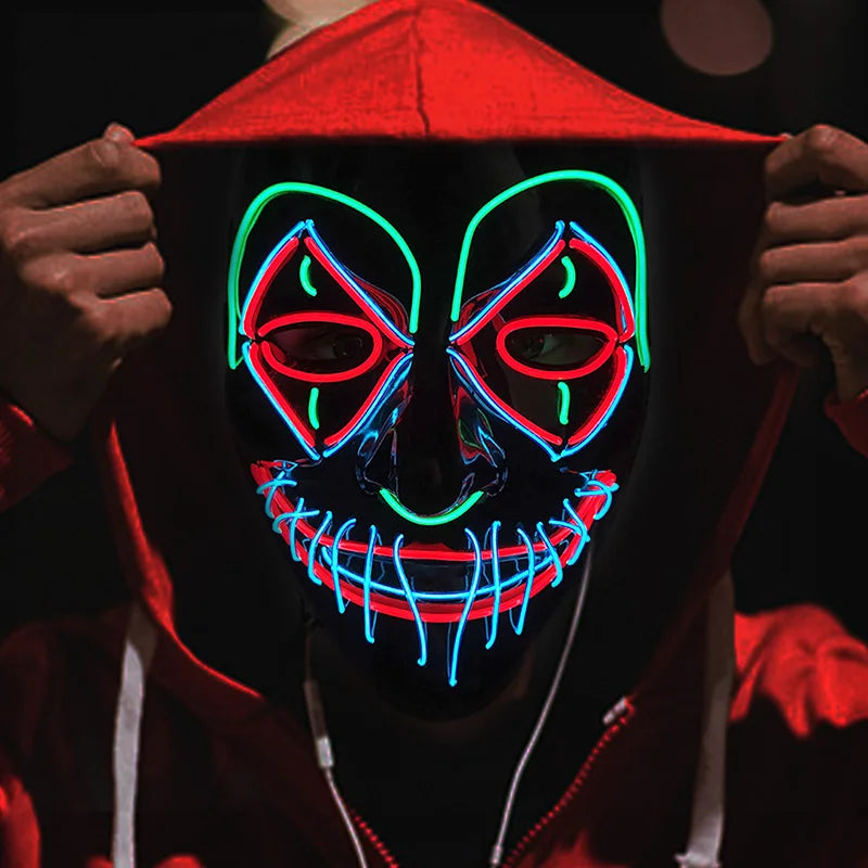 LED Killer Mask Halloween Dance Scary Theme Party Cosplay Costume Props LED Double Star Eyes Mask Glowing Colorful Creepy Mask