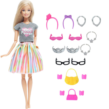 14 Pcs / Lot = 1x Fairy Tale Doll Dress + 13x Random Accessories Shoes Handbag Glasses Clothes for Barbie Doll Girl Baby Toys