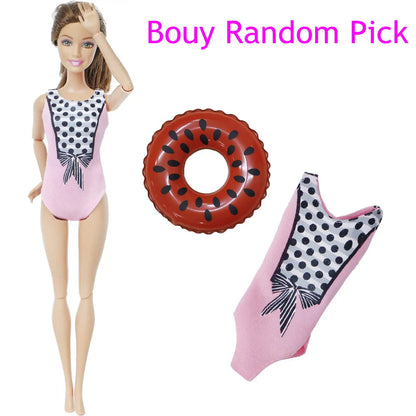 1x Doll Swimwear Beach Bathing Clothes Lovely Bikini Swimsuit + Random 1x Swimming Buoy Lifebelt Ring for Barbie Doll Baby Toys
