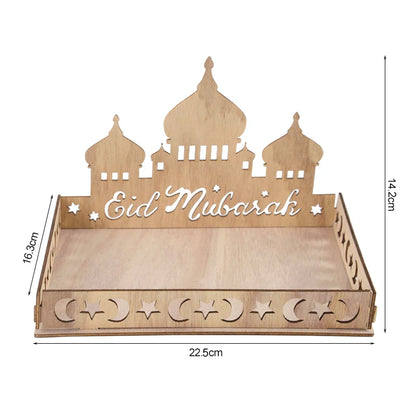 Wooden Eid Mubarak Food Tray Ramadan Decoration for Home Cake Display Islam Muslim Party Supplies 2024 Ramadan Kareem Eid Gifts