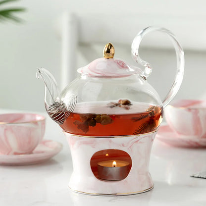 MUZITY Glass Teapot With Ceramic Base Creative Marble Design Tea Pot Tool Kettle Set With Strainer and Candle