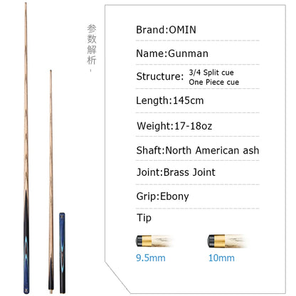 OMIN-Gunman the New Generation Billiard Stick  Ash Shaft Snooker Case Supplies 3/4 Split  Pool One Piece Cue Tip Size 10mm 9.5mm