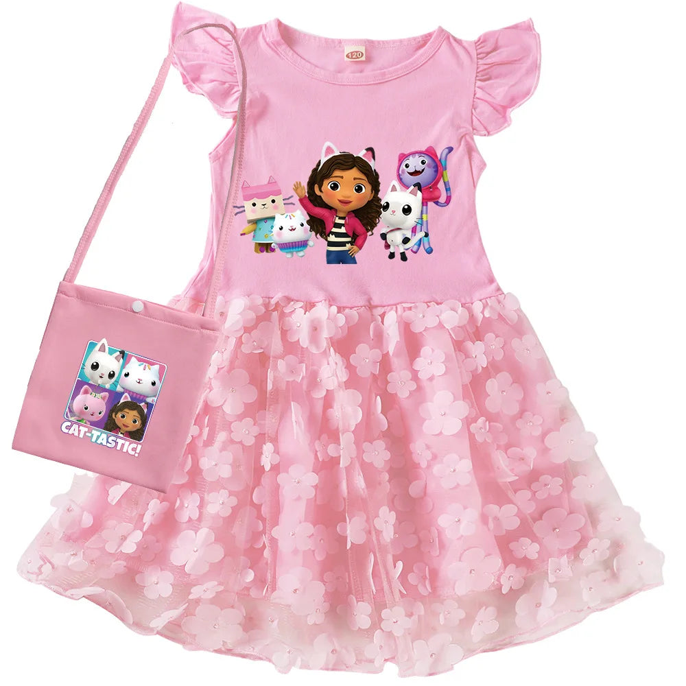 Vestidos Gabbys Dollhouse Clothes Kids Cartoon Gabby Chat Dress Baby Girls Summer Short Sleeve Casual Dresses and Bag & Headband