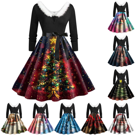 Christmas Print Vintage Dress Women Swing Robe Pinup Fur Collar Long Sleeve Party Dresses Autumn Winter A-Line Robes Vestido