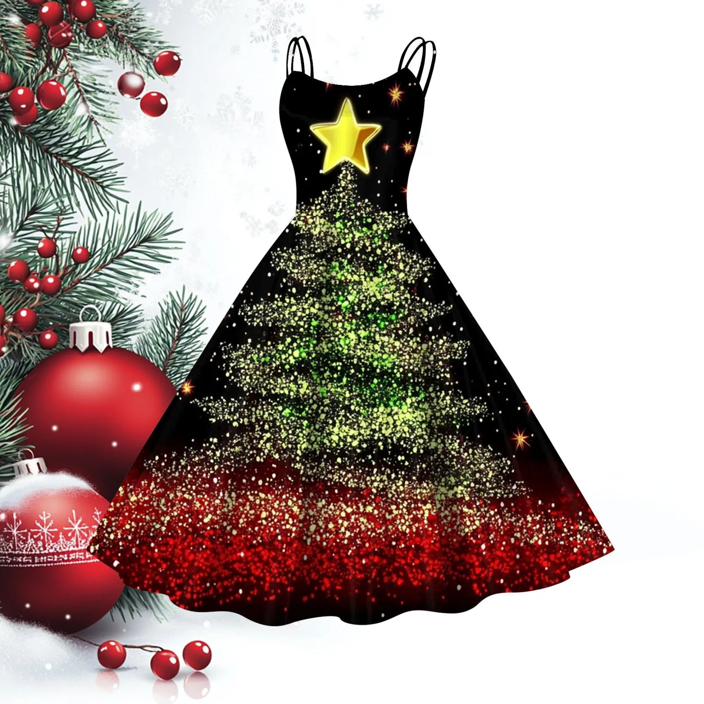 Women Christmas Print Vintage Dresses Slim Fit Sleeveless 1950s Evening Party Prom Dress Plus Size Evening Large Swing Dress