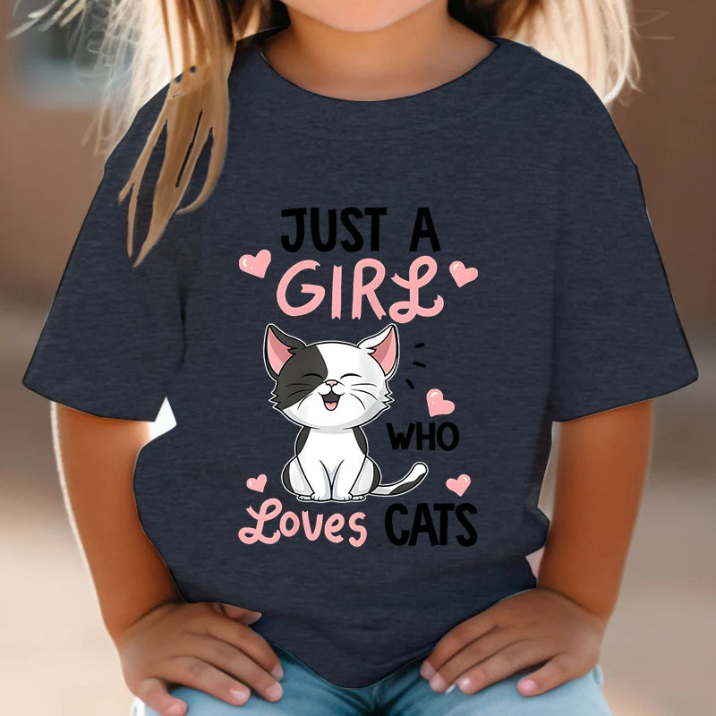 Just a Girl Who Loves Cats Tshirt Girls Y2k Harajuku Animal Summer Fashion Kids Clothes Funny Graphic Cute Cat Lover Streetwear