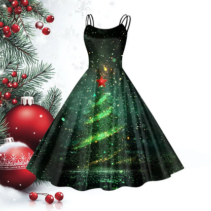 Women Christmas Casual Suspender Dresses Vintage Sleeveless Dress Xmas Party Formal Vestidos Big Hem Swing for Woman Clothing