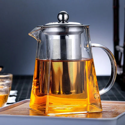 Heat-Resistant Glass Square Teapot With Stainless Steel Filter Baskets, Clear Kettle, Brewing Tea Pot, Heatable Pitcher, Jug
