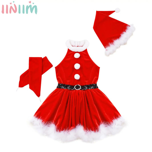 4-16y Girls Christmas Santa Claus Cosplay Costume Ballet Skating Dance Tutu Dress With Hat Gloves Xmas New Year Party Clothes