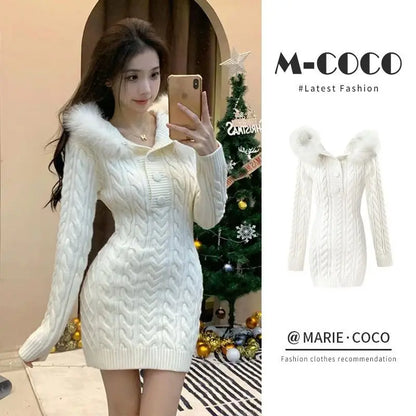 Winter New Christmas Stylish Waist Slimming Long Sleeve Hooded Knitted Red Dress Spicy Girl Sexy Wrap Hip Mini Dress for Women
