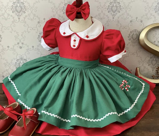 0-12y Baby Girl Autumn Winter Red Velvet Lollipop Cane Candy Embroidery Vintage Spanish Princess Ball Gown Dress for Eid Causal