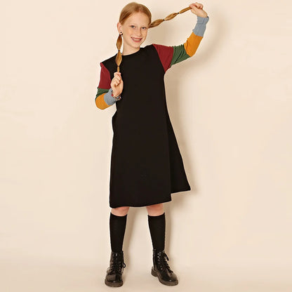 3t-12t Girls Dresses Fall Long Sleeve Clothes Children Color Block Casual T-Shirt Dresses Fashion Cotton Ribbed Knit Midi Dress