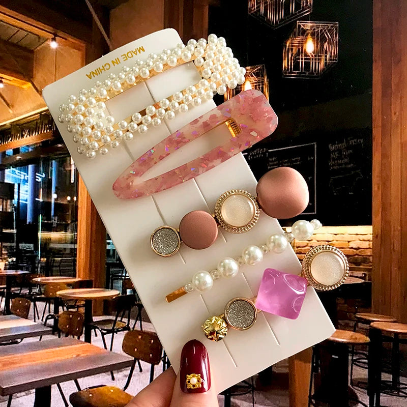 Acrylic Barrettes Headwear Pearl Hair Clip Sets for Women Fashion Geometric Hairpins Hair Accessories Headdress Girl Bobby Clip