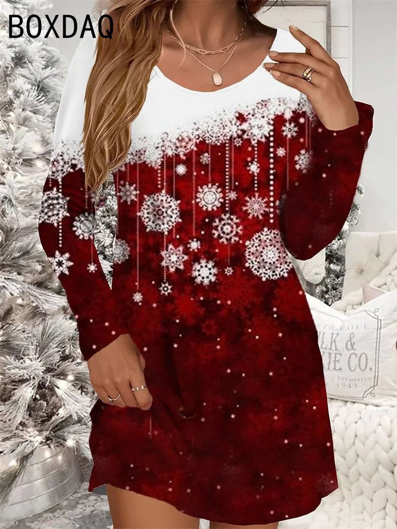 Women's Red Christmas Dress Casual Christmas Snowman Snowflake Print Mini Dress Long Sleeve O-Neck Autumn Woman Dress