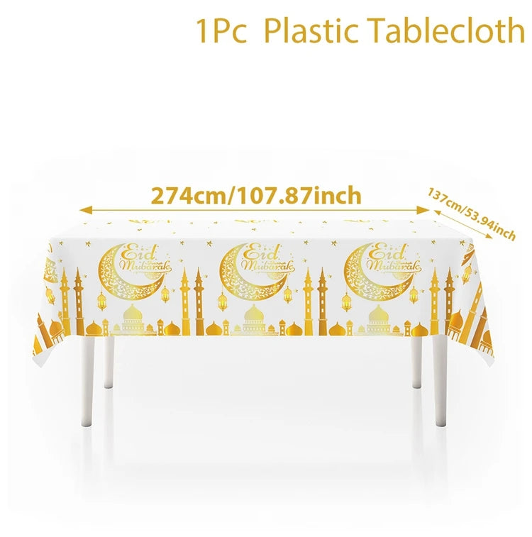 EID Mubarak Disposable Tablecloth EID Mubarak Decoration 2024 for Home Table Cloth Ramadan Kareem Islamic Muslim Party Decor