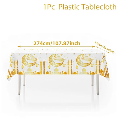 EID Mubarak Disposable Tablecloth EID Mubarak Decoration 2024 for Home Table Cloth Ramadan Kareem Islamic Muslim Party Decor