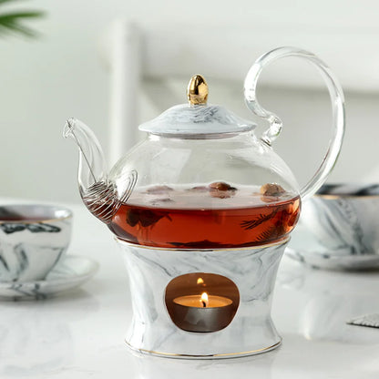 MUZITY Glass Teapot With Ceramic Base Creative Marble Design Tea Pot Tool Kettle Set With Strainer and Candle