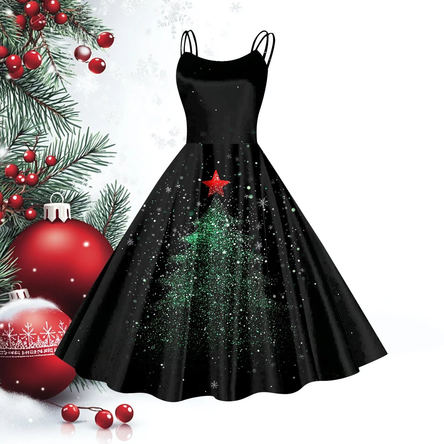 Women Christmas Casual Suspender Dresses Vintage Sleeveless Dress Xmas Party Formal Vestidos Big Hem Swing for Woman Clothing