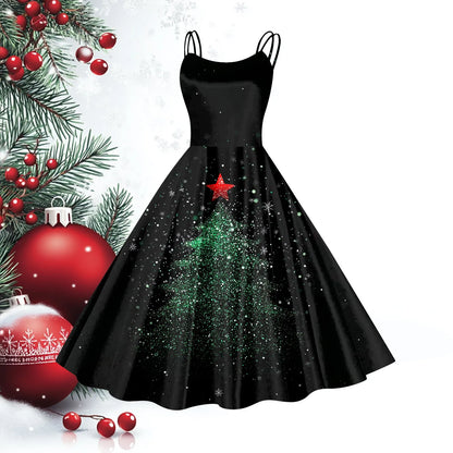 Women Christmas Casual Suspender Dresses Vintage Sleeveless Dress Xmas Party Formal Vestidos Big Hem Swing for Woman Clothing