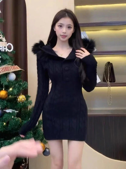 Autumn Winter Warm Knit Dress Women Furry Hooded Buttons Design Elastic Bodycon Christmas Style Chic Hotsweet Festival Clothing
