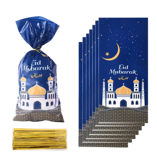 25/50pcs 2024 Eid Mubarak Gift Bags Plastic Candy Cookie Bag Ramadan Kareem Decor Islamic Muslim Party Supplies Eid Gifts Bags