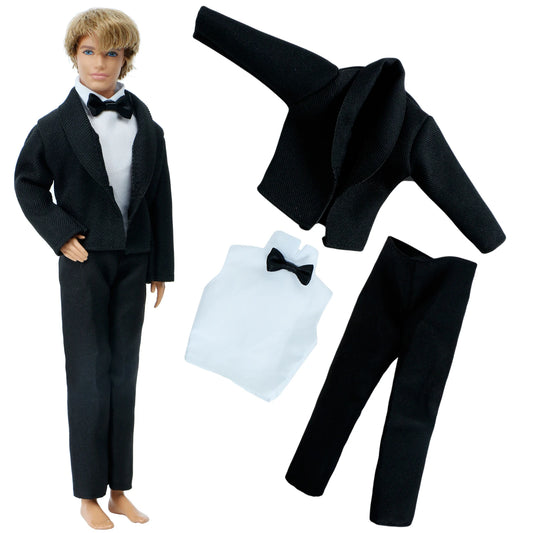 1 Set Men Suit Coat + Vest + Trousers Business Black Outfit  Tuxedo Wedding Party Wear Accessories Clothes for Barbie Doll Ken