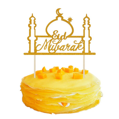 1PC Gold Sparkling Eid Mubarak Cake Topper Ramadan Cupcake Decor Ramadan Decoration 2024 Islamic Muslim Party Cake Decor