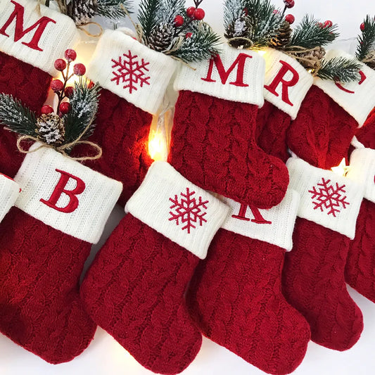 Christmas Socks Snowflake Alphabet Letters Christmas Knitting Stocking Christmas Tree Pendant Decoration for Home Xmas Gift 2024