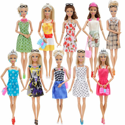 35 Item Doll Accessories=10x Doll Clothes Dress +4x Glasses +6x Plastic Necklace +2x Handbag +3x Crown +10 Shoes for Barbie Doll
