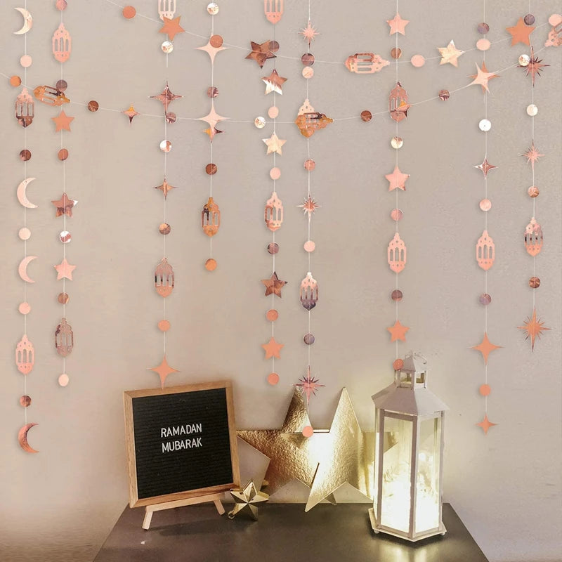 4M Eid Mubarak Banner Gold Silver Star Moon Paper Bunting Garland Ramadan Kareem Decoration Home Islamic Muslim Party Supplies
