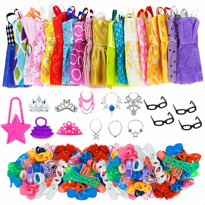 35 Item Doll Accessories=10x Doll Clothes Dress +4x Glasses +6x Plastic Necklace +2x Handbag +3x Crown +10 Shoes for Barbie Doll