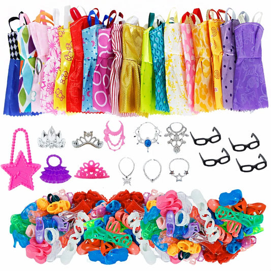 35 Item Doll Accessories=10x Doll Clothes Dress +4x Glasses +6x Plastic Necklace +2x Handbag +3x Crown +10 Shoes for Barbie Doll