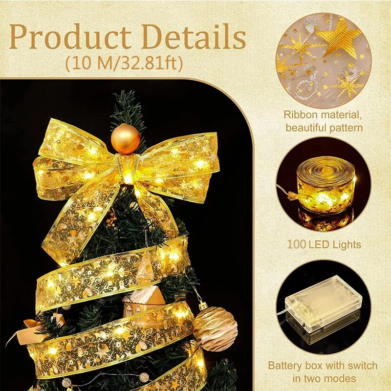 1-10m Christmas Luminous Lights Decoration Golden Christmas Ribbon Fairy String Lights for Home Party Christmas Supplies Decor