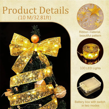 1-10m Christmas Luminous Lights Decoration Golden Christmas Ribbon Fairy String Lights for Home Party Christmas Supplies Decor