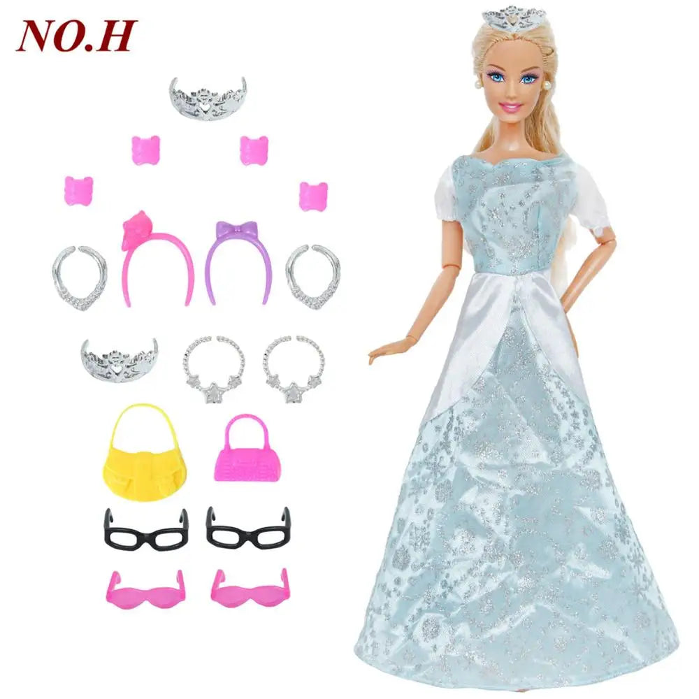 14 Pcs / Lot = 1x Fairy Tale Doll Dress + 13x Random Accessories Shoes Handbag Glasses Clothes for Barbie Doll Girl Baby Toys