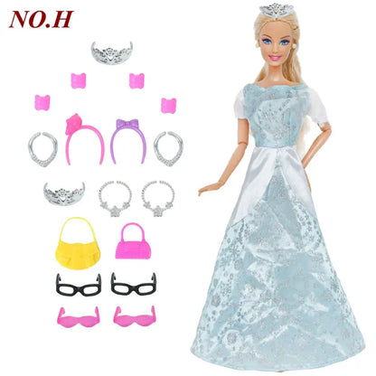 14 Pcs / Lot = 1x Fairy Tale Doll Dress + 13x Random Accessories Shoes Handbag Glasses Clothes for Barbie Doll Girl Baby Toys