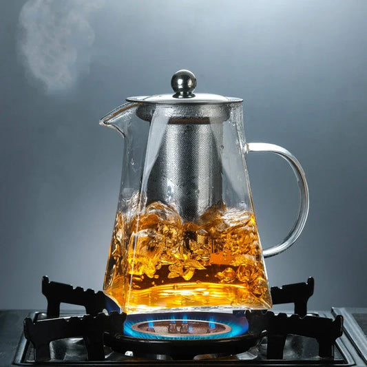 Heat-Resistant Glass Square Teapot With Stainless Steel Filter Baskets, Clear Kettle, Brewing Tea Pot, Heatable Pitcher, Jug