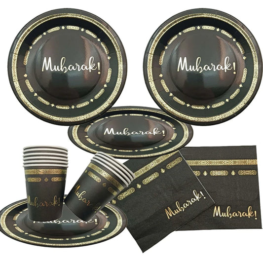 Hot Stamping Eid Mubarak Disposable Paper Plate Cup Napkin Islamic Muslim Eid Al Adha Home Party Decor Ramadan Kareem  Supplies